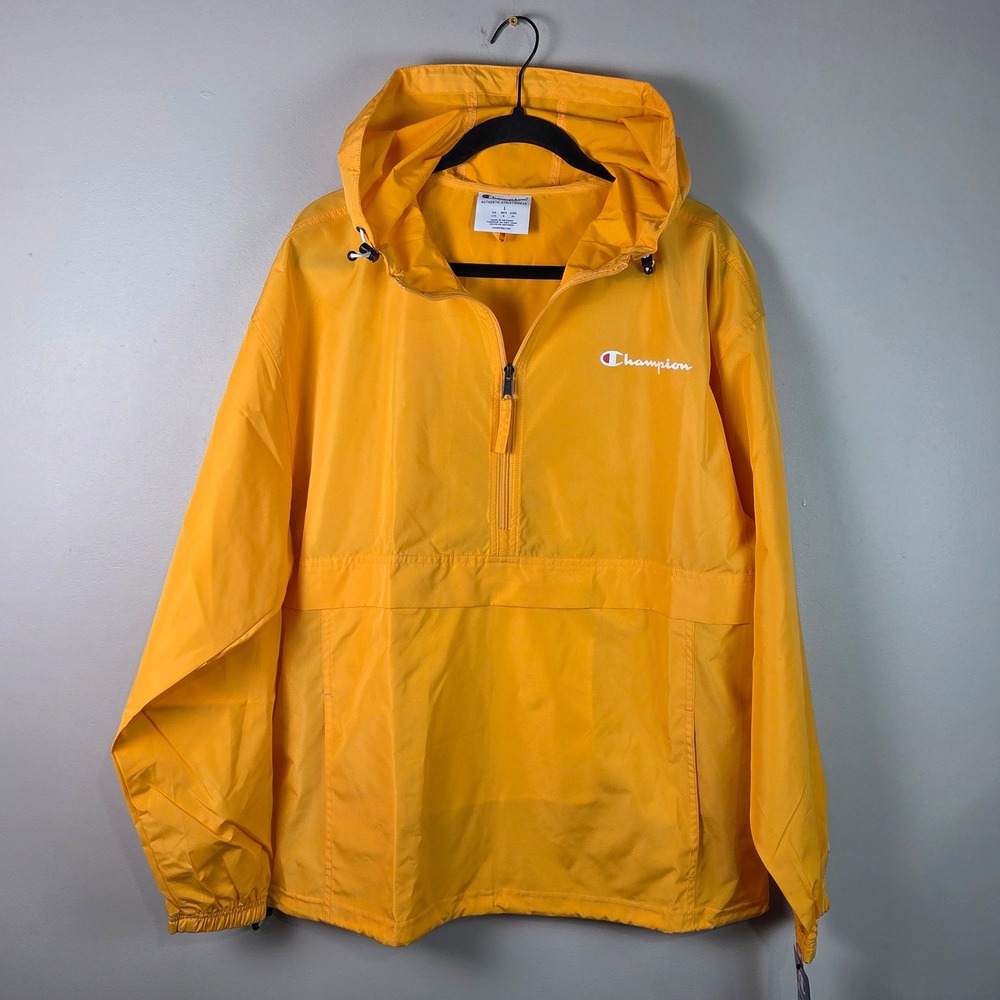 Champion Windbreaker Anorak Mens Large Yellow New Packable Hooded Jacket V1012